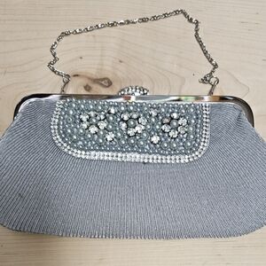Elegant J Francis Silver Clutch with Beaded Detail NWOT